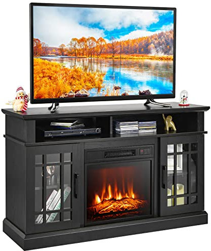 COSTWAY Electric Fireplace Insert TV Stand, Entertainment Center Console Table with Adjustable Flame, Overheat Protection Fire Heater & Remote (Black, 18” Fireplace, for 55” TV)