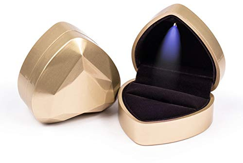 Pcscevcr Samt-Ringbox mit LED-Licht, herzförmige Verlobungsring-Box, Schmuck-Präsentationsbox (Gold)