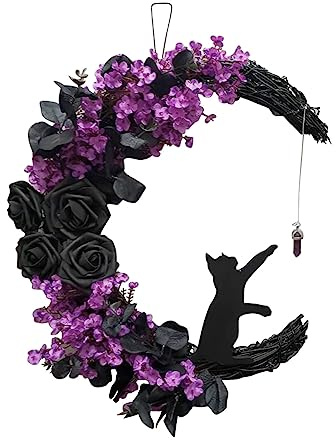Halloween-Kränze für Haustür Halloween Mondkranz mit schwarzer Katze und Rose Weinrebe Girlande Katze Türkranz Gothic Dekorationen für Zuhause Party Fenster Wand Indoor Outdoor (Lila)