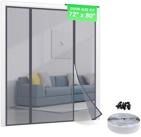 heFitLife Fiberglass Double Screen Door - Heavy Duty Magnetic Mesh Curtain with Full Frame Hook and Loop Powerful Magnets That Snap Shut Automatically