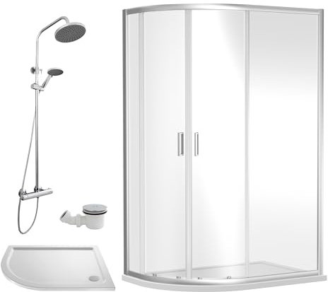 Balterley Offset Quadrant Shower Enclosure, Offset Quadrant Tray, Waste & Thermostatic Shower Kit, 6mm Toughened Safety Glass Door, Bar Handle Sliding Glass Door, Round Showerhead & Handset (Chrome)