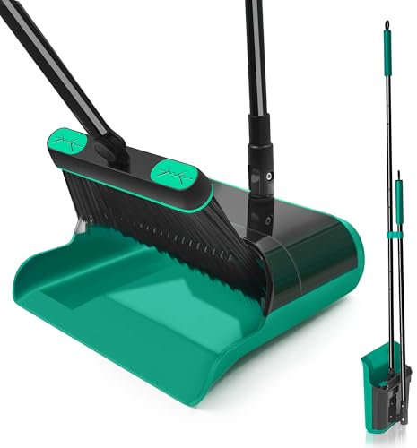 JEHONN Scopa e Paletta Salvaspazio con Manico Lungo, Aggiornato Grande Paletta con Scopa Alta a Girevole a 180 Gradi per Interni, Giardino, Lobby (Verde)