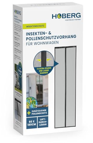 HOBERG Insekten- & Pollenschutzvorhang für Wohnwagen | Fliegengitter Tür mit XXL-Magnetbändern | Insektenschutz für Campingwagen | Pollenschutzgitter 60 x 180 cm, selbstschließend