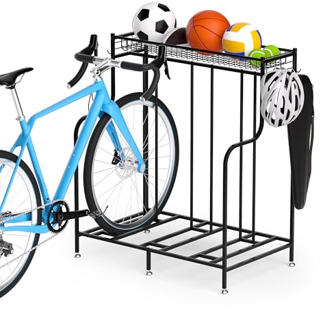 WATSABRO Fahrradständer Boden mit 3 Fahrradständer Garage Stellplätze | Fahrradhalterung Boden, Extra Breiten Korb, 2 Haken, Fahrradabstellständer Bodenparker für Rennrad Ebike MTB