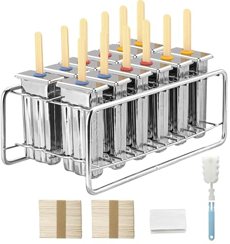 TOCCOOL Lot de 12 moules à glace en acier inoxydable avec support, réutilisables à tête plate et à congélation rapide avec bâtons en bois et sacs