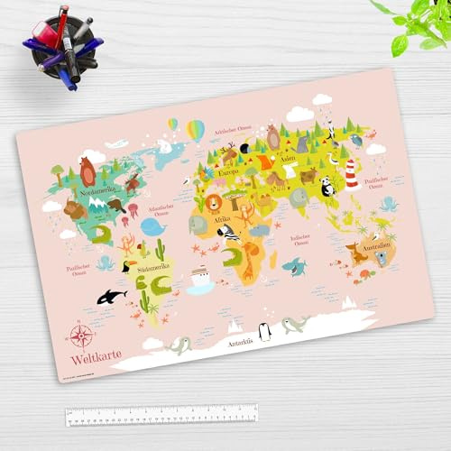 Schreibtischunterlage abwischbar für Kinder – Weltkarte in rosa mit Tieren in deutsch – 60 x 40 cm – aus hochwertigem Vinyl - Made in Germany