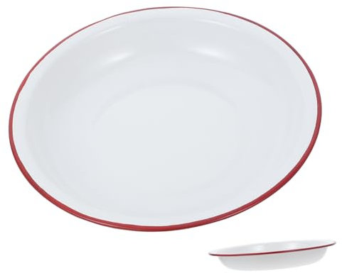 CIYODO Deep Enamel Plate 18cm Vintage Metal Bowl with Thickened Red Rim, Deep Rice and Dessert Serving Dish for Outdoor Picnic, Camping, Kitchen Use –
