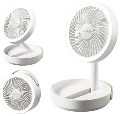 gaiatop Foldable Small Desk Fan, 6000mAh Battery Portable Desktop Fan, with LED Night Light, USB Rechargeable, Bedroom Office Camping Travel Essentials, Summer Gifts for Women Men Teens, 6.8in White
