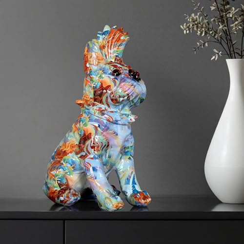 Bunte Bulldogge Dekofigur im Pop Art Design Moderne Hundeskulptur aus Polyresin Detailreiche Skurrile Wohnraumdekoration 32 cm Hoch Geschenkidee für Hundeliebhaber und Kunstfans
