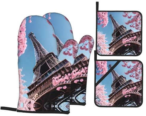 Ölgemälde Paris Eiffelturm Druck Ofenhandschuhe und Pfannenregale 4-teiliges Set, Küchenhandschuhe und Pfannenregale zum Kochen