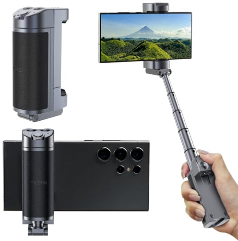 TELESIN° Support de poignée de téléphone portable avec télécommande Bluetooth | Poignée 3 en 1 pour perche à selfie, poignée d'enregistrement de smartphone et support de table | Compatible avec iPhone