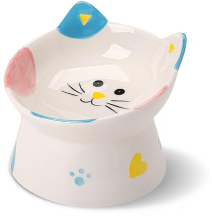 Mangeoire surélevée en céramique pour chat avec support incliné, protection du cou pour animaux de compagnie inclinée à 15°, gamelle d'eau pour chien anti-refoulement (blanc bleu)