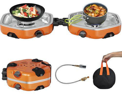 Fornello da campeggio pieghevole a gas, 17000 BTU cassetta per esterni, 2 bruciatori regolabili e accensione piezoelettrica, stufa per campeggio, barbecue, cucina di emergenza, escursionismo