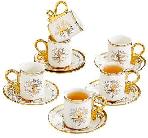 Servizio da Tè in Porcellana 12 Pezzi per 6 Persone, Stile Britannico Vintage con Bordo Dorato, Set Tazze e Piattini Eleganti, Idea Regalo di Lusso per Tè o Caffè