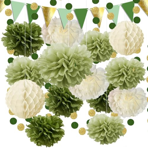 JDCMEI 16 Stück Pompons Deko, Salbeigrün Olivgrün Beige Seidenpapier Papierblumen, Grün Seidenpapier Pompons, Deko Gartenparty, Papier Girlande Hängende Dekoration für Geburtstag Hochzeit Babyparty