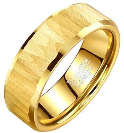 TUNGSTORY Wolframkarbid Herrenring Hammered - Gold Kratzfest Ehering Hochzeit Geschenk für Ihn Komfortring 70