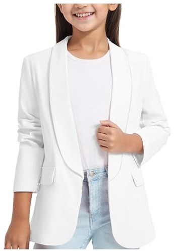 Camiseta de manga larga 140 cuello bufanda, chaqueta formal, chaqueta de traje, parte delantera abierta, bolsillo interior para niños, camiseta de verano para niñas, Blanco, 13-14 años