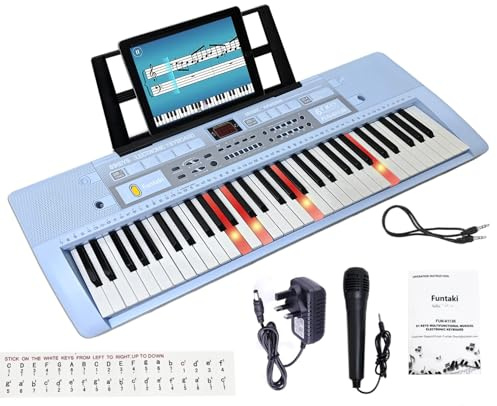 Funtaki 61-Key Electronic Keyboard Piano for Adults Kids with Light Up Keys, MIDI Connectivity & Learning Modes - Perfect Beginner Piano (Light Blue)