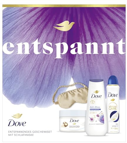 Dove Geschenkset Entspannt mit Duschcreme, Anti Transpirant, Dusch-Creme-Peeling und mit Schlafmaske 225 ml + 225 ml + 150 ml