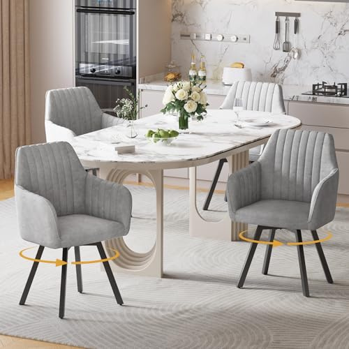 Ckaff Esszimmerstühle Drehbar mit Armlehne 4er Set, 360°Drehbar Polsterstuhl Küchenstuhl aus Samt, Stühle Esszimmer Schminkstuhl mit Metallbeine und Rückenlehne für Esszimmer Schlafzimmer, Hellgrau