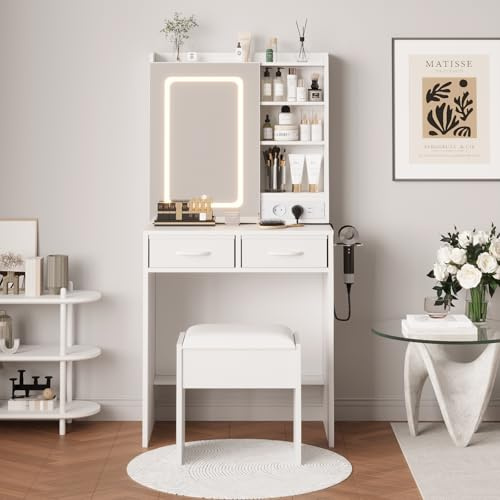 Garvee Coiffeuse avec Miroir Lumineux LED, Station De Charge, Tabouret De Rangement Rembourré, 3 Modes d'éclairage Et Nombreux Rangements pour La Chambre.Blanc