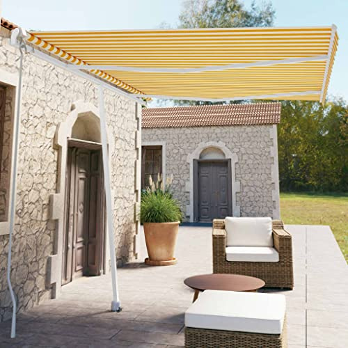 Standmarkise Manuell Einziehbar 350x250 cm Gelb/Weiß, UV- & Wasserbeständig Polyester, Freistehend für Balkon & Terrasse