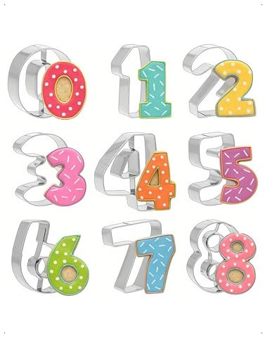 KONFEN Set di 9 stampini da 0 a 9 Numeri grandi Set in acciaio inossidabile, Pasticceria per compleanni, stampini per fondente Pasticceria e dessert Multiuso