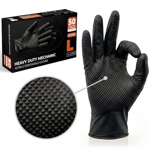The Real Touch Nitrilhandschuhe, Größe L, 500 Stück, Extra Stark Mechaniker Einweghandschuhe, Diamanttextur, Latexfrei & Puderfrei, Ideal für Kfz, Werkstatt & Industriearbeiten (Schwarz – 500, L)