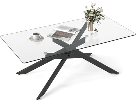 COSTWAY Tempered Glass Coffee Table, Rectangle Cocktail Center Table with Metal Tubular Legs, Modern Accent Sofa Side Tea Tables for Living Room Office, 120 x 60 x 45cm (Transparent + Black)
