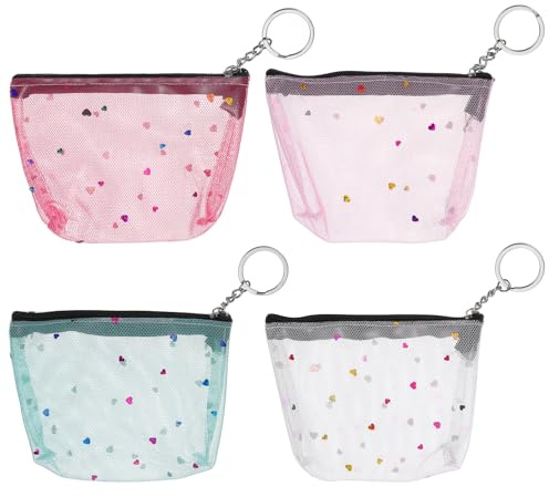 PATIKIL Lot de 4 mini trousses de maquillage en maille avec fermeture éclair en forme de cœur pailleté pour sac à main, baume à lèvres, accessoires de rangement pour femme, blanc/bleu/rose/rose rouge