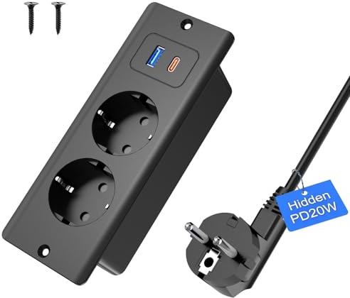 Prise Encastrable Plan de Travail avec USB-C PD 20 W, 2 Prises, Noir | Multiprise encastrable avec USB-A QC 18 W, plaque élargie, installation encastrée, câble 1,8 m, pour bureau et meuble