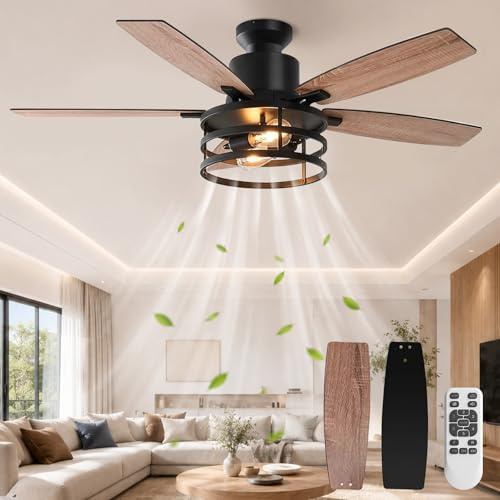 SERBASIC Large Caged Ceiling Fan with Light, 44 Inch Vintage Black Metal Cage Fan Light, Reversible DC Motor, Quiet Indoor Ceiling Fan with Remote Control for Bedroom Living Room