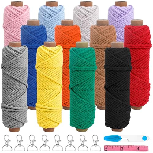 Filato Macramè 30m, 12 Pezzi Filato di Cotone 2mm Spago Cordone Intrecciato per DIY Set di Macrame Corda con Portachiavi Forbici Righello, per DIY Arazzo da Parete Acchiappasogni