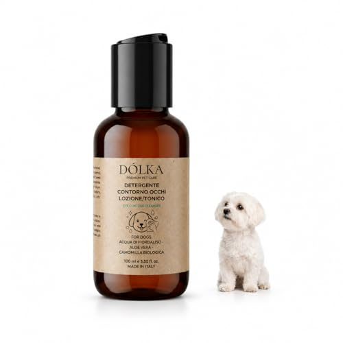 DÓLKA Detergente Contorno Occhi per Cani 100 ml, Lozione Tonico Delicata per Pulizia Zona Oculare, con Acqua di Fiordaliso, Aloe Vera e Camomilla | Detergente contorno occhi per cani