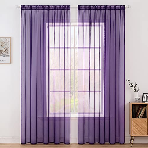 MIULEE Vorhänge Gardinen, Stangendurchzug Lila, 2er Set 245x140cm aus Voile | Transparente Gardine aus Voile, Luftig Leicht, Einfarbig Dekoschal für Wohnzimmer & Schlafzimmer