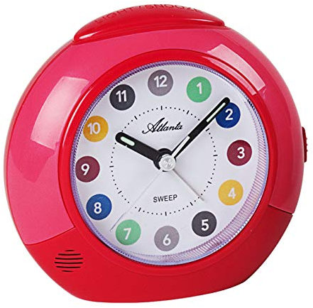 Atlanta Kinderwecker ohne Ticken für Mädchen, Schleichende Sekunde Licht Snooze Rosa Rot - 1526-17