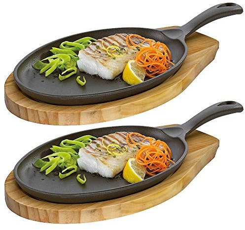 Culinaris Küchenprofi - Gusseisen BBQ Grillpfanne Servierpfanne mit Holzbrett (Servierpfanne oval, 2 Stück)