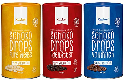 Xucker Schoko-Drops 3 Sorten Set – 3 x 750 g Schokoladen-Drops mit Xylit – Zuckerreduzierte Schokolade in Edelbitter, Vollmilch und Weiß