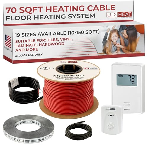 LuxHeat 70sqft Floor Heating Cable Kit - 120v Underfloor Heating System - Heated Flooring System Includes UTN4 Non-Programmable Thermostat w/GFCI, Heated Floor Cable, Strapping, Sensor & Alarm