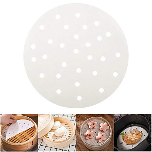 Gwhole Lot de 100 rouleaux ronds en papier parchemin anti-adhésif, feuille perforée pour friteuse à air, cuisson à vapeur, 18 cm