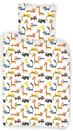 Bettwäsche Tiere für Babys oder Kleinkinder – Bettbezug 100 x 135 cm + Kissenbezug 40 x 60 cm, Katze, Hund, Kuh, Nilpferd ...