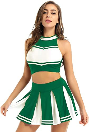 Damen Schulmädchen Outfit Uniform Mock Neck Crop Top mit gefalteten Rock Cheer Leader Kostüme (Color : Grün, Size : M)