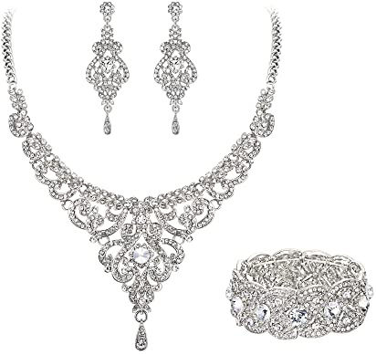 EVER FAITH Statment Schmuck-Set Kristall Retro 1920er Vase Art Deco Braut Prom Halskette, Ohrringe und Stretch Armband Set für Damen Hochzeit Party Klar Silber-Ton