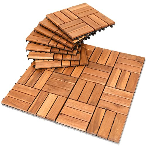 Ikodm 11Stück Holzfliesen Balkon 30x30 cm - Balkon Platten Boden aus Akazien-Holz - Bodenbelag Holzboden Klicksystem Balkonfliesen Klickfliesen (1 Quadratmeter)