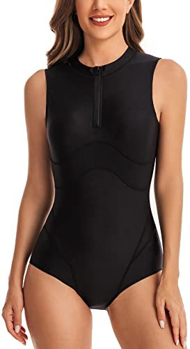 FEOYA Frauen Rash Guard Ärmellos Einteiliger Badeanzug Sonnenschutz Surfen Bademode Zip Front Wetsuit Badeanzug Neoprenanzug Athletische Surf Bademode Badeanzug Schwarz XL