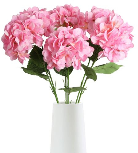 ICBOX Künstliche Hortensien aus Seide für hohe Vase, langer Stiel, große künstliche Hortensien, lebensechte künstliche Hortensien, für Hochzeit, Babyparty, Party, Zuhause, Tischdekoration, Rosa, 6