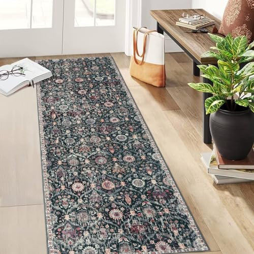Lahome Marokkanischer Flurteppich, 60 x 200 cm, rutschfest, waschbar, Läufer für Flur, ultradünner Orientteppich für Eingangsbereich, Waschküche, Schlafzimmer, Badezimmer, Elise, Schwarz/mehrfarbig