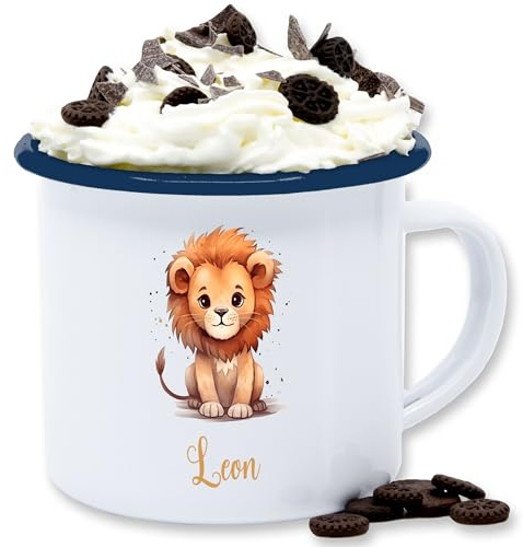 Emaille Tasse Blechtasse - Süßer Löwe mit Name personalisiert I Löwen Geschenk I Zootiere I König der Tiere I Leu - 300 ml - Weiß Blau - tier löwenmotiv leon mug lion personalisierte lions