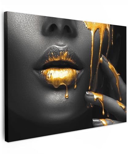 MuchoWow© Bilder Wohnzimmer Deko Modern Wandbild Foto auf Leinwand Bild | 70x50 cm - Schlafzimmer Room Decor Geschenke Frau - Schwarz - Gold - Gesicht - Lippen