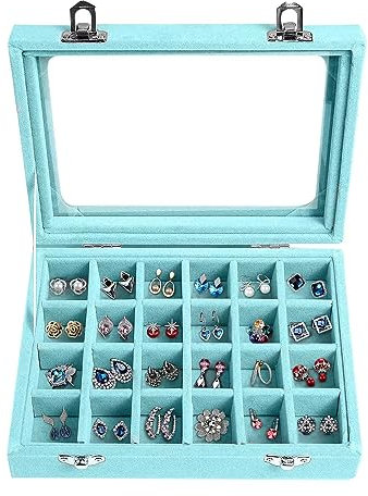 24 Fächer Damen Schmuckkasten Schmuck Box Schmuckkoffer Schmuckständer Aufbewahrungsbox für Ringe Ohrringe Halskette (Himmelblau)
